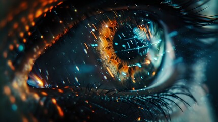 Macro Shot of Futuristic Eye with Digital Elements. Close-up of Human Eye Reflections, Representing Technology Integration. Perfect for Sci-Fi Concepts. AI