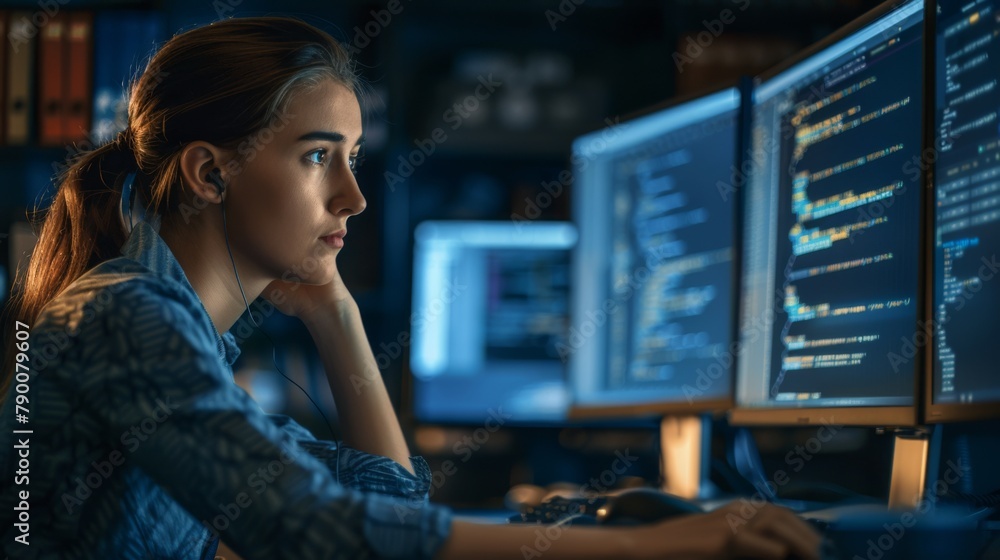 Poster woman coding on computer screens