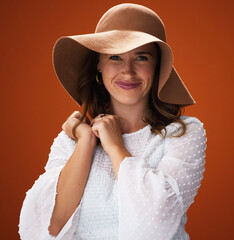 Portrait, fashion and woman with hat for style, happy and stylish with trendy clothes or accessory...