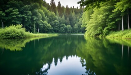 Tranquil lake surrounded by lush green forest