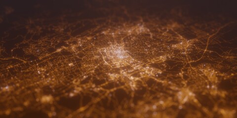 Street lights map of Murcia (Spain) with tilt-shift effect, view from north. Imitation of macro shot with blurred background. 3d render, selective focus