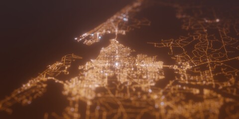 Street lights map of Panama City (Florida, USA) with tilt-shift effect, view from east. Imitation of macro shot with blurred background. 3d render, selective focus