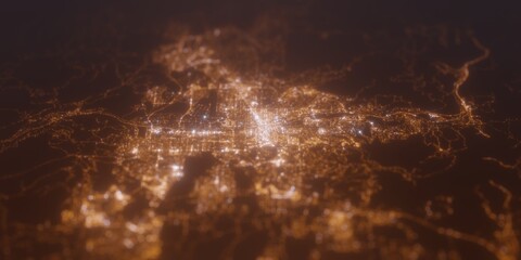 Street lights map of Reno (Nevada, USA) with tilt-shift effect, view from north. Imitation of macro shot with blurred background. 3d render, selective focus