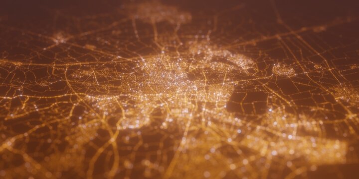 Street lights map of Breda (Netherlands) with tilt-shift effect, view from east. Imitation of macro shot with blurred background. 3d render, selective focus