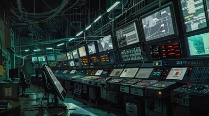 A bustling control room filled with monitors and switches, where electrical engineers monitor and manage the power supply.