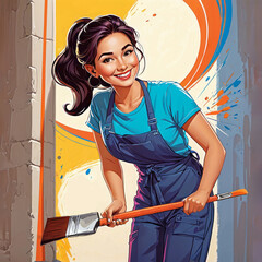 Pop art drawing, smiling female painter with overalls painting wall with paint brush