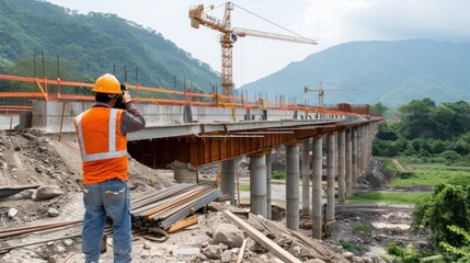 Fototapeta premium A civil engineer inspecting a bridge under construction, ensuring its safety and integrity