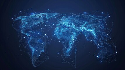 Abstract world map, concept of global network and connectivity, international data transfer and cyber technology, worldwide business, information exchange and telecommunication - obrazy, fototapety, plakaty