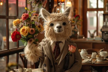 Fototapeta premium An alpaca wearing a suit and tie is sitting in a cafe, holding a bouquet of flowers.
