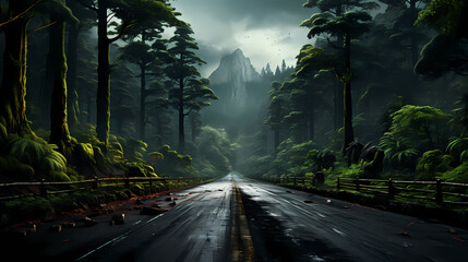 A road in the forest with dense trees around it - obrazy, fototapety, plakaty