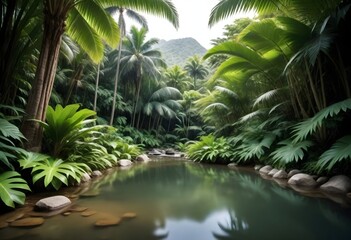 Lush tropical river winds through vibrant jungle foliage