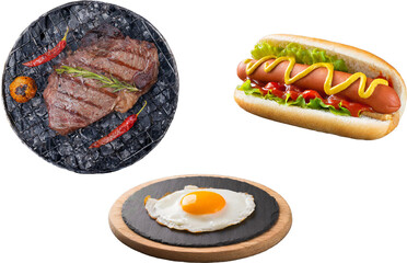 bife, ovo frito, cachorro quente, salsicha no p&atilde;o, p&atilde;o, mostarda, comida r&aacute;pida, 