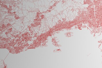 Map of the streets of Kobe (Japan) made with red lines on white paper. 3d render, illustration © Hairem