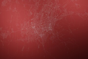 Map of the streets of Almaty (Kazakhstan) made with white lines on abstract red background lit by two lights. Top view. 3d render, illustration
