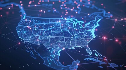 Digital world globe centered on USA, concept of global network and connectivity on Earth, data transfer and cyber technology, information exchange and international telecommunication