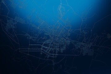 Street map of Ashgabat (Turkmenistan) engraved on blue metal background. View with light coming from top. 3d render, illustration