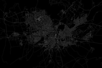 Stylized map of the streets of Adana (Turkey) made with white lines on black background. Top view. 3d render, illustration