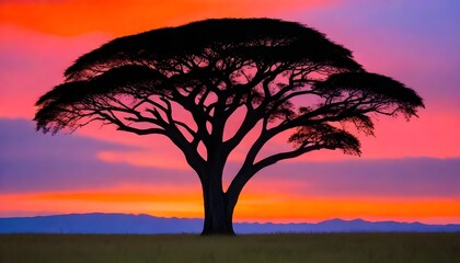 Silhouette of acacia tree against colorful sunset sky