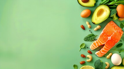 Fresh avocado, salmon, and vegetables on a green background. Perfect for healthy lifestyle themes. Conceptual food photography. Ideal for culinary blog. AI