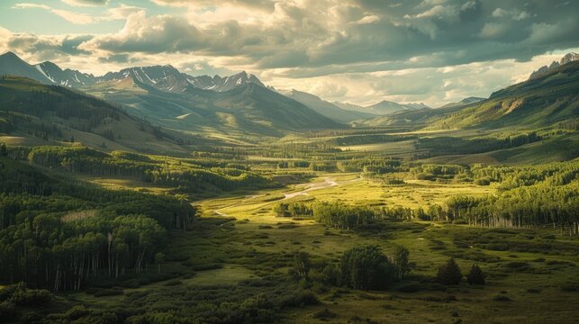 A Beautiful Landscape of a Green Valley With Mountains and Trees