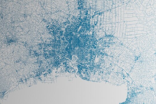 Map of the streets of Bangkok (Thailand) made with blue lines on white paper. 3d render, illustration