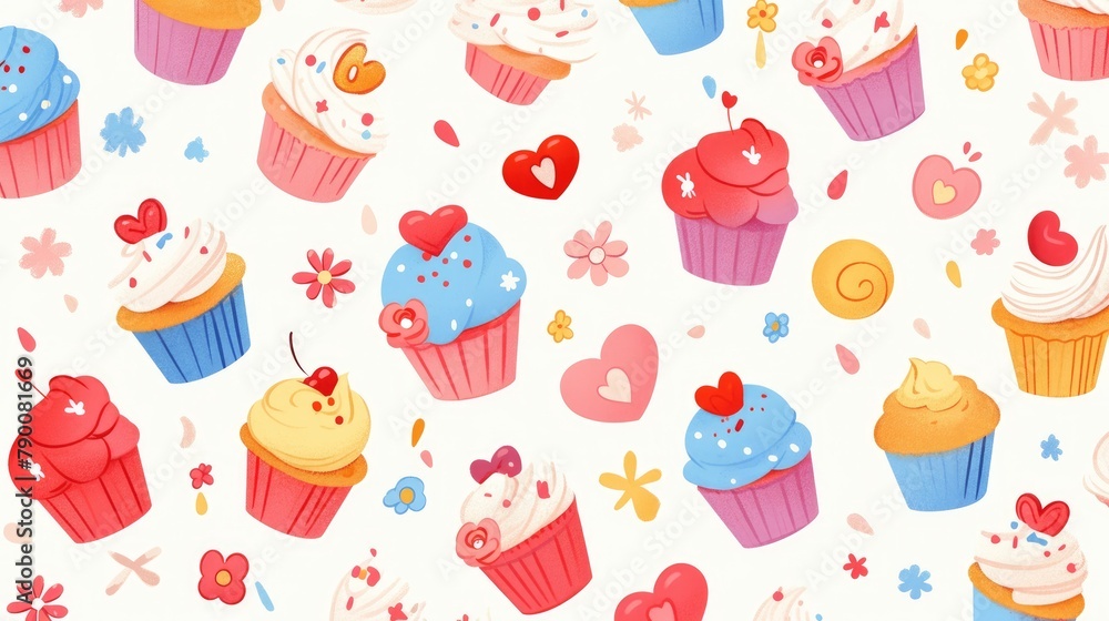 Canvas Prints Illustrate your designs with this stock 2d featuring cupcakes adorned with hearts flowers and a charming blue outline on a pristine white backdrop Perfect for embellishing your ideas includ