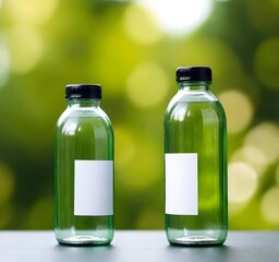Green Glass Bottles with White Labels on Wood Table