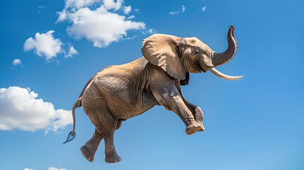 Majestic Elephant Soaring in the Sky, Clouds Backdrop. Dreamy, Surreal Wildlife Scene. Perfect for Creative Projects. Stock Image. AI