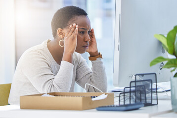 Stress, headache and black woman in office reading creative research on computer for burnout....