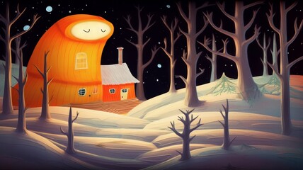 A living house in snowy forest at night time going towards house with chimney in distance in the style of playful cartoon illustrations, orange