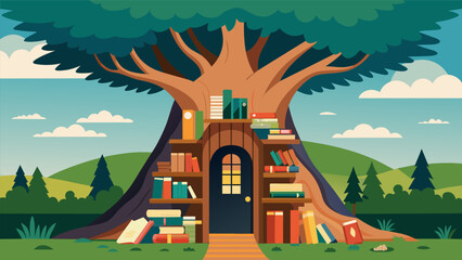 A giant hollowedout tree trunk filled with books and serving as a unique and natural little library in a wooded area. - obrazy, fototapety, plakaty