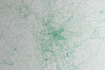 Map of the streets of Graz (Austria) made with green lines on white paper. 3d render, illustration