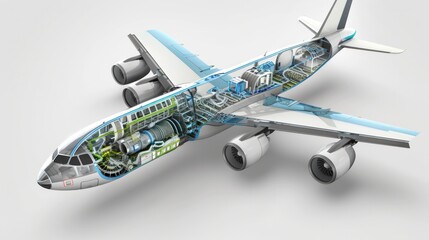 A cutaway view of a hydrogen-powered airplane, showcasing the innovative design of its propulsion system