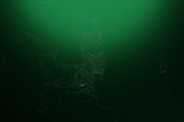 Street map of Torshavn (Faroe Islands) engraved on green metal background. Light is coming from top. 3d render, illustration