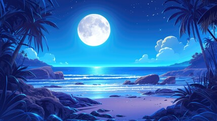 Fototapeta na wymiar Experience a tranquil night on a tropical island surrounded by the vast ocean adorned with swaying palm trees rugged rocks and the gentle glow of the moon in the sky This 2d cartoon illustr