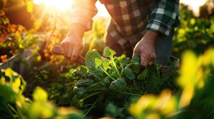 Fototapeta premium A farmer harvesting organic vegetables with a hand-held tool, sunlight dappling their face with a warm glow