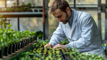 A farmer in a lab coat carefully examining seedlings in a greenhouse, fostering innovation in sustainable agriculture