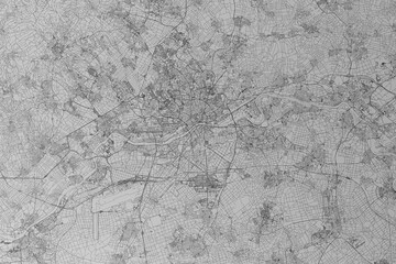 Map of the streets of Frankfurt (Germany) made with black lines on grey paper. Top view. 3d render, illustration
