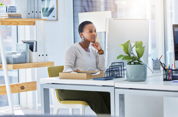 Desktop, smile and black woman in office for creative research with copywriting project. Technology, happy and professional African female writer typing email for content on computer in workplace.