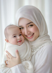 Pretty muslimah mother and adorable baby, mother's day, Hijab mother, smiling mother and daughter, I love mom, Malaysia mother, Hibah, Takaful, Insurance protection, Medical card