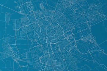 Map of the streets of Groningen (Netherlands) made with white lines on blue background. 3d render, illustration