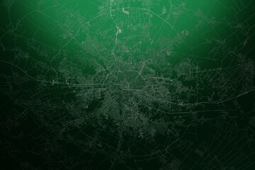 Street map of Bucharest (Romania) engraved on green metal background. Light is coming from top. 3d render, illustration - obrazy, fototapety, plakaty