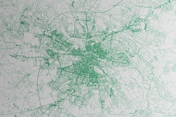 Map of the streets of Wroclaw (Poland) made with green lines on white paper. 3d render, illustration