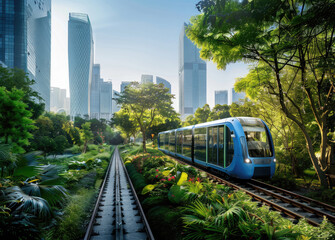 A light rail train with an exterior in shades of blue and green, passing through lush parklands...