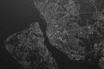 Street map of Liverpool (UK) on black paper with light coming from top