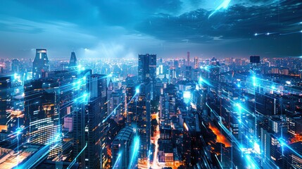 A futuristic city bathed in the radiant glow of energy-efficient lighting, designed by innovative electrical engineers - obrazy, fototapety, plakaty