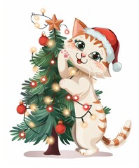 Christmas cute cat the background of a decorated New Year tree. art illustration