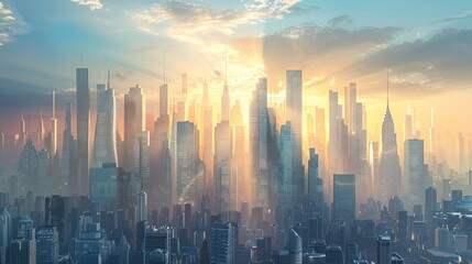 A futuristic city skyline dominated by towering skyscrapers designed by visionary engineers, symbolizing progress and innovation