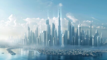 A futuristic city skyline dominated by towering skyscrapers designed by visionary engineers, symbolizing progress and innovation - obrazy, fototapety, plakaty