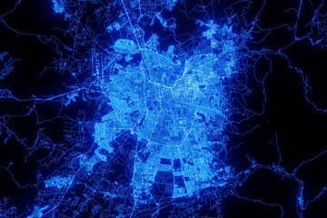 Street map of Santiago (Chile) made with blue illumination and glow effect. Top view on roads network